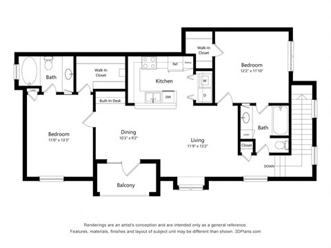 Floor plan for 2 beds, 2 baths, 1027 sqft